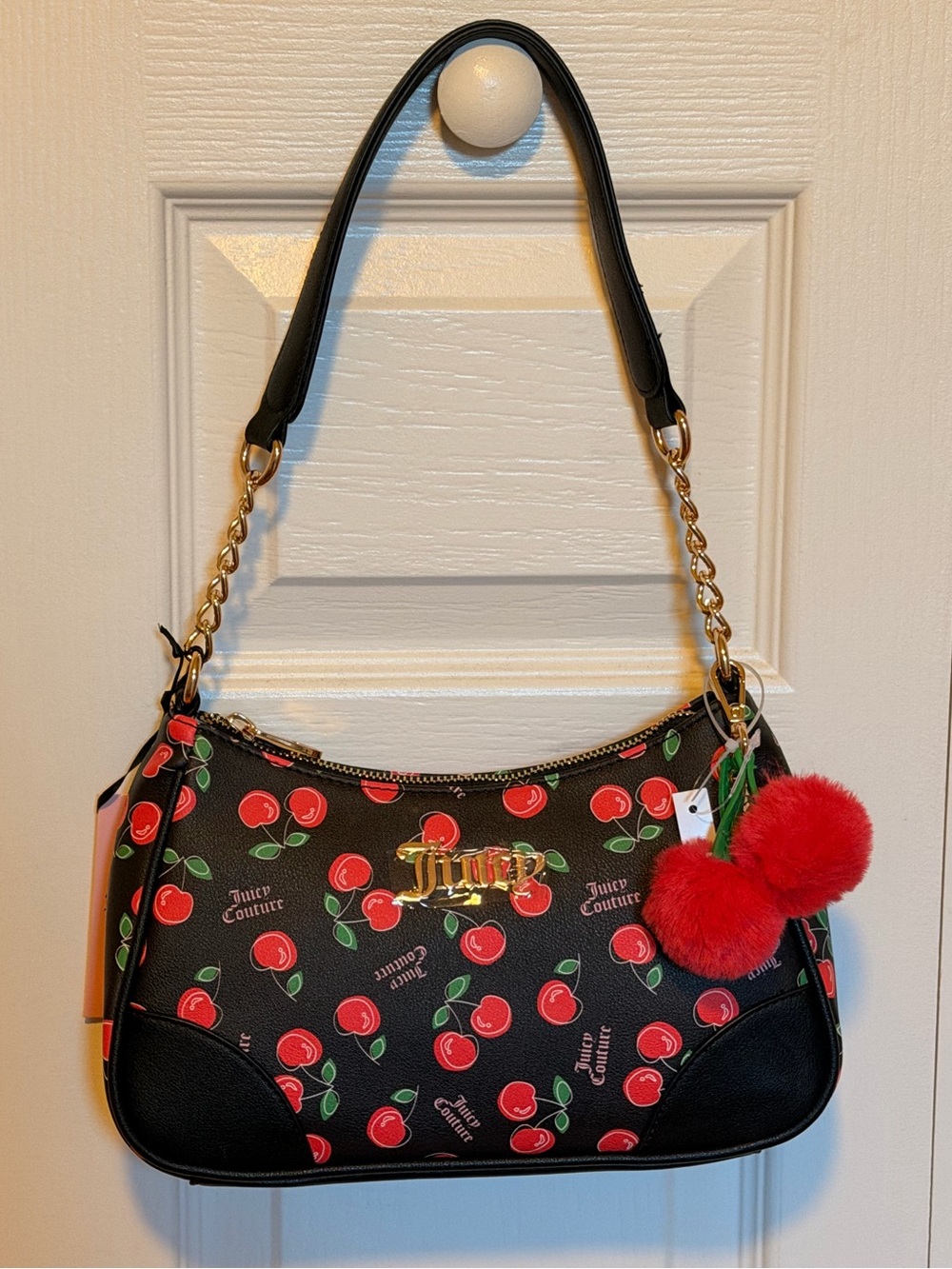Juicy Couture Black Cherry Print Shoulder Bag with Detachable Cherry Charm